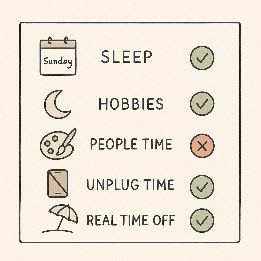 Minimalist burnout self assessment checklist dashboard showing burnout risk areas with simple marks and a Sunday calendar highlight