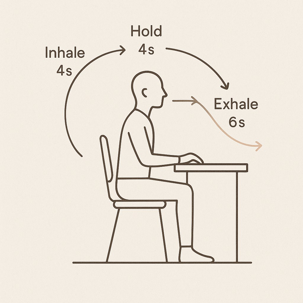 Diagram shows how to calm stress with breathing: inhale for 4 seconds, hold 4 seconds, exhale slowly for 6 seconds