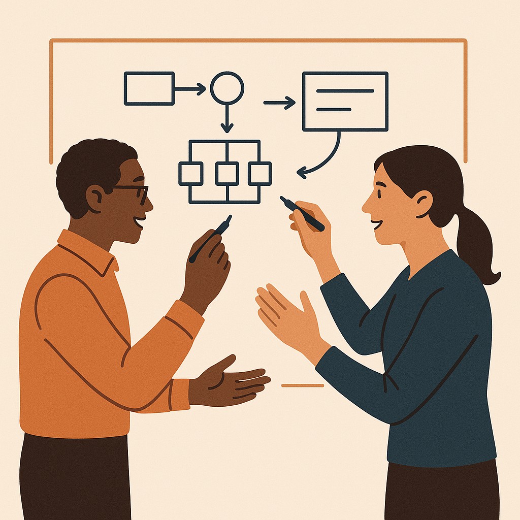 Collaborative interview strategies for engineers illustrated: two engineers sketching solutions on a shared whiteboard