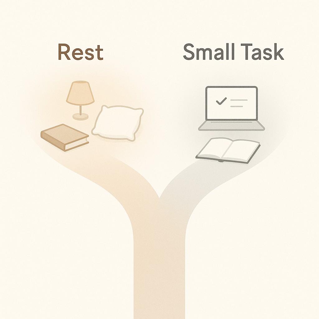 Forked path symbolizing consistency without burnout, with a rest area and a small work task in minimalist visuals