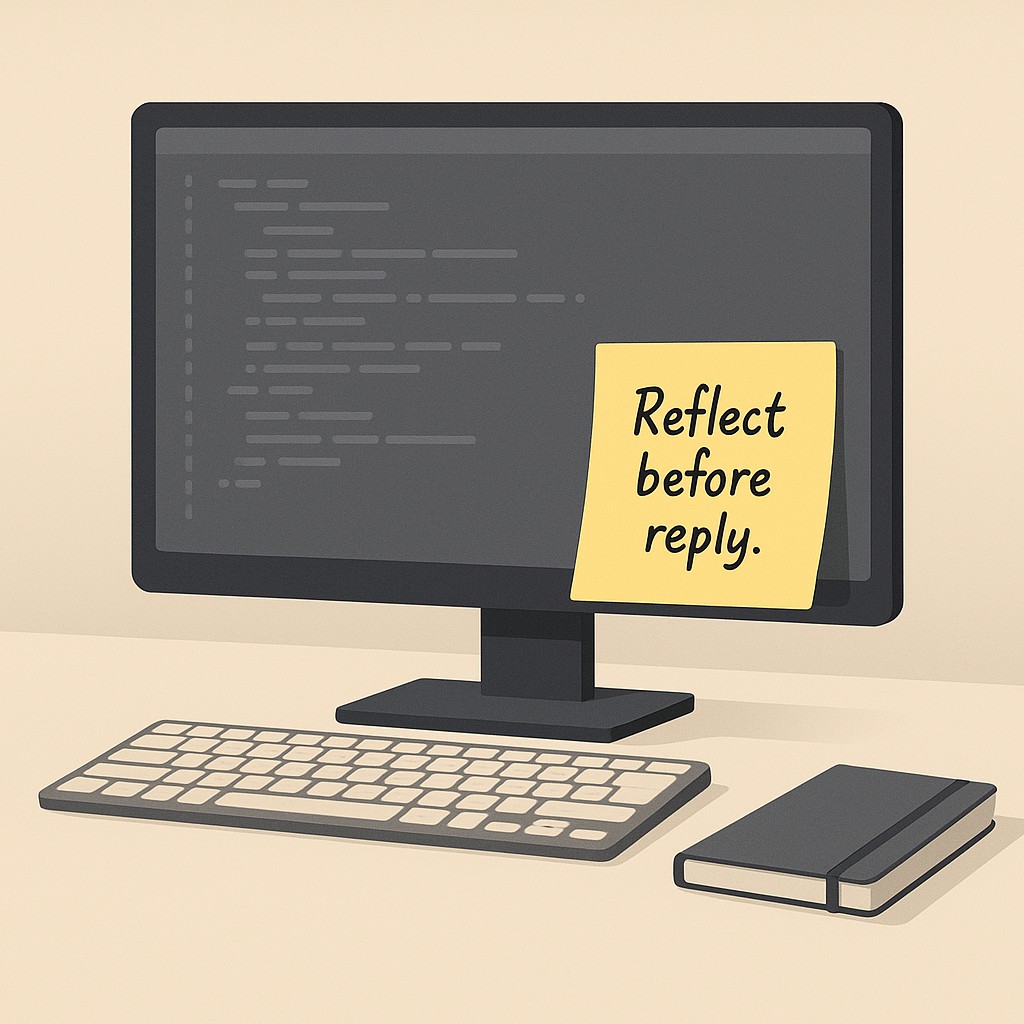 Workspace cue to consistently apply software engineering fundamentals: sticky note reading 'Reflect before reply' on a tidy monitor with code in view