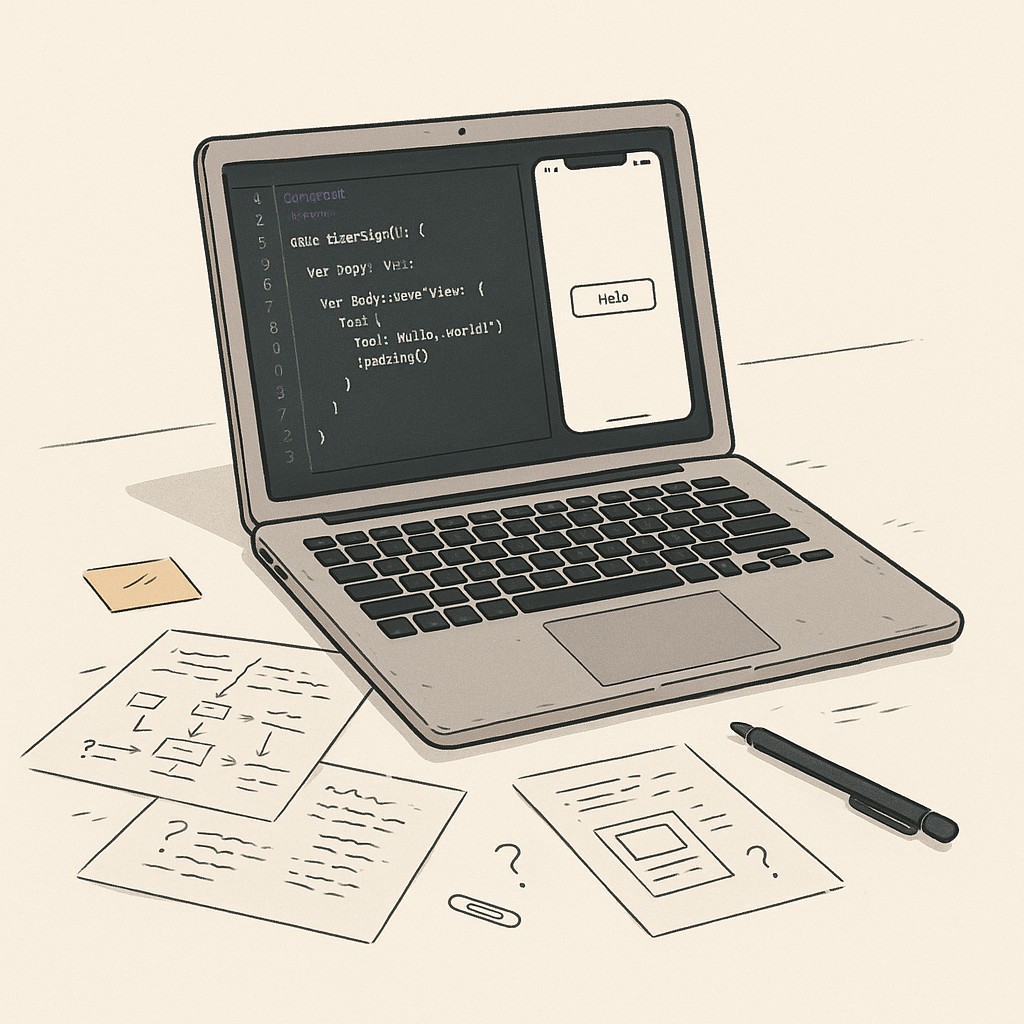 Old MacBook on cluttered desk with scattered notes and code-filled screen, illustrating ways to de-risk engineering career change