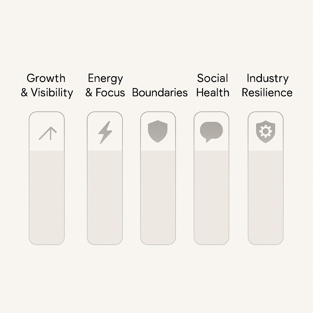 Five pillars labeled for growth, energy, boundaries, social health, and resilience on a clean diagram to help you decide between remote and office