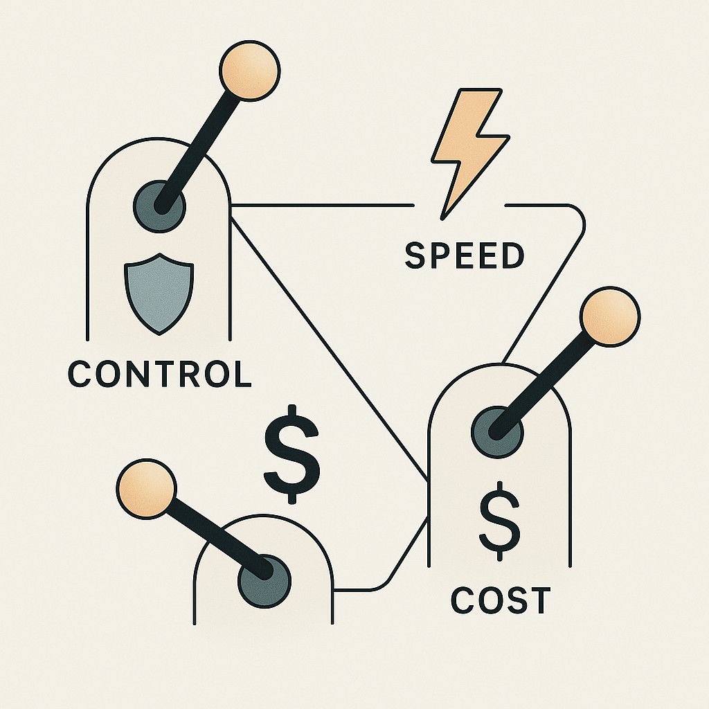 Three levers for control, speed, and cost interconnected to show their tradeoff when you decide in-house vs outsource