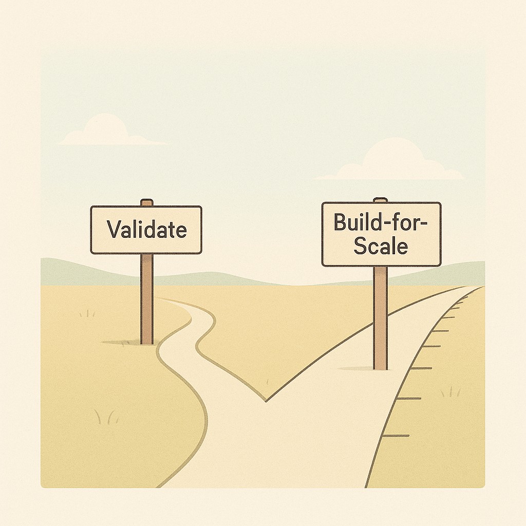 Illustration of deciding between POC and product: two diverging paths marked Validate and Build-for-Scale with a signpost at the fork