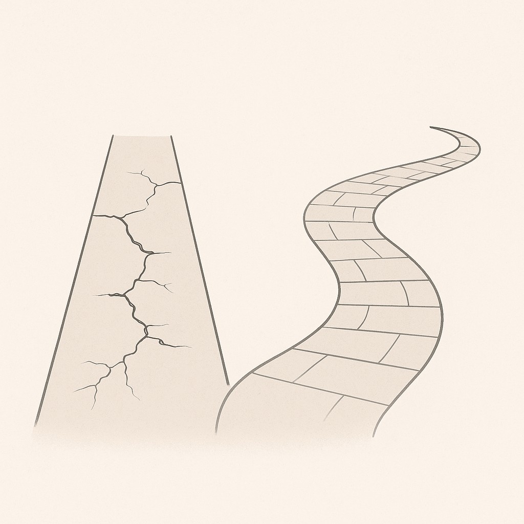Two diverging roads: one straight but cracked, another winding and solid, illustrating a decision framework for engineering tradeoffs between speed and stability