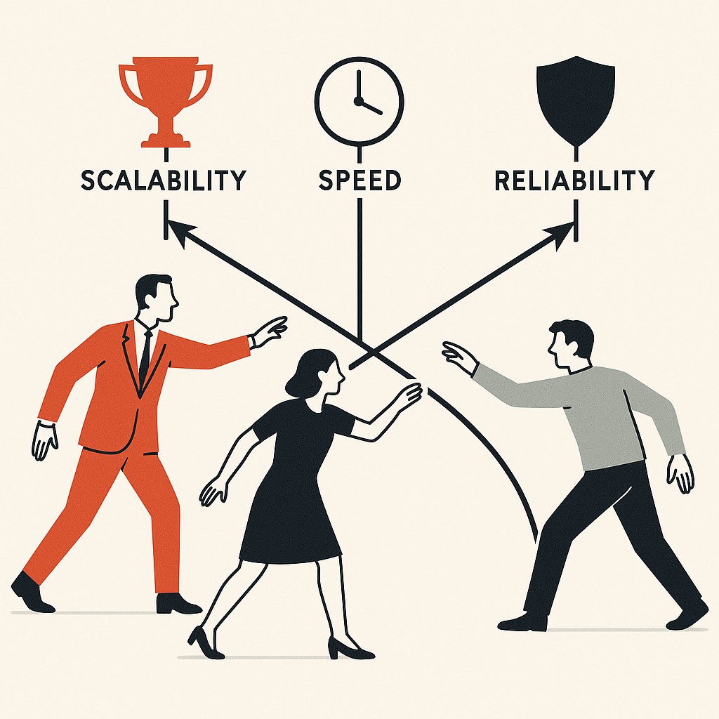 Three distinct figures each reaching for a separate goal with their paths crossing, highlighting the need to define success criteria before coding
