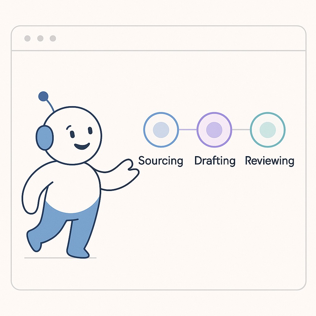 Workspace UI illustrating how to design AI progress indicators, with clear progress steps and an AI avatar actively moving through stages