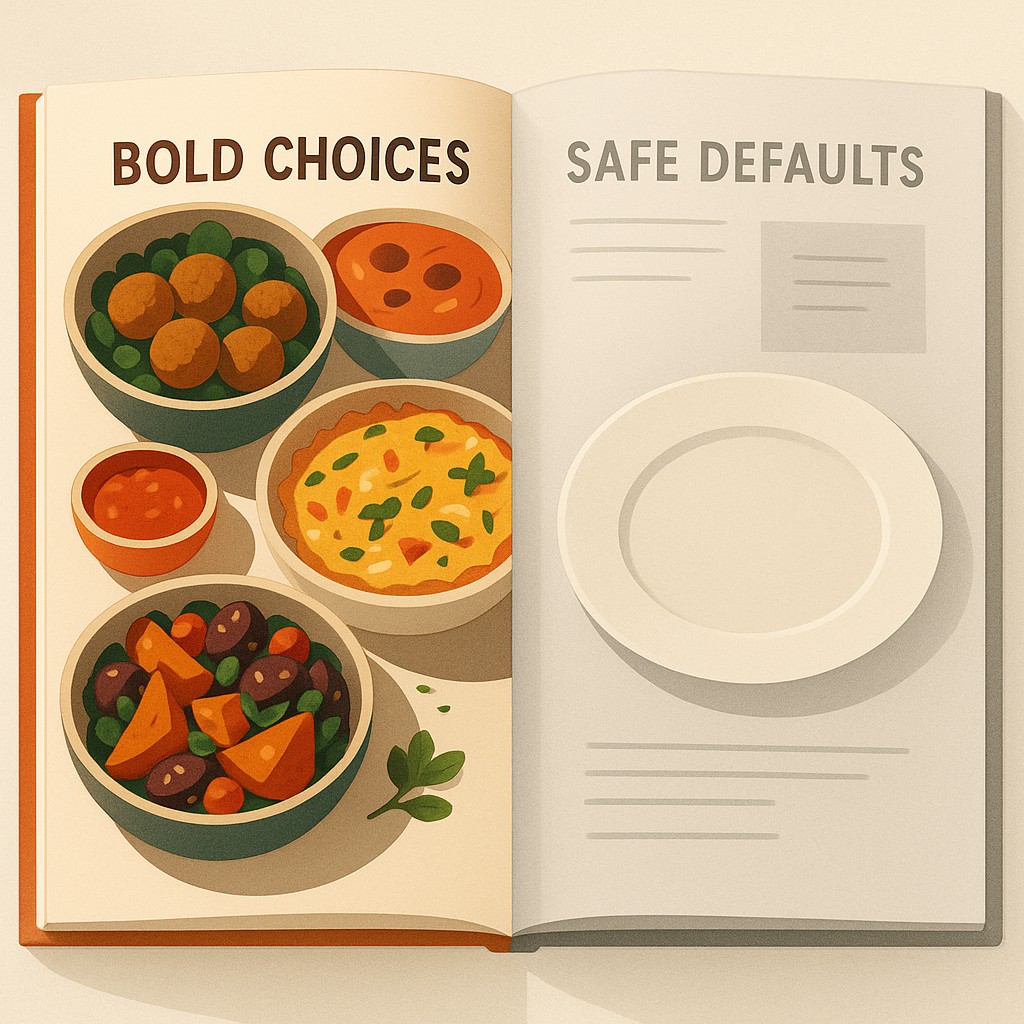 Two cookbook pages blend together—one vibrant and lavish, the other faded and minimal—illustrating how to develop an authentic developer voice by choosing bold, distinctive presentation