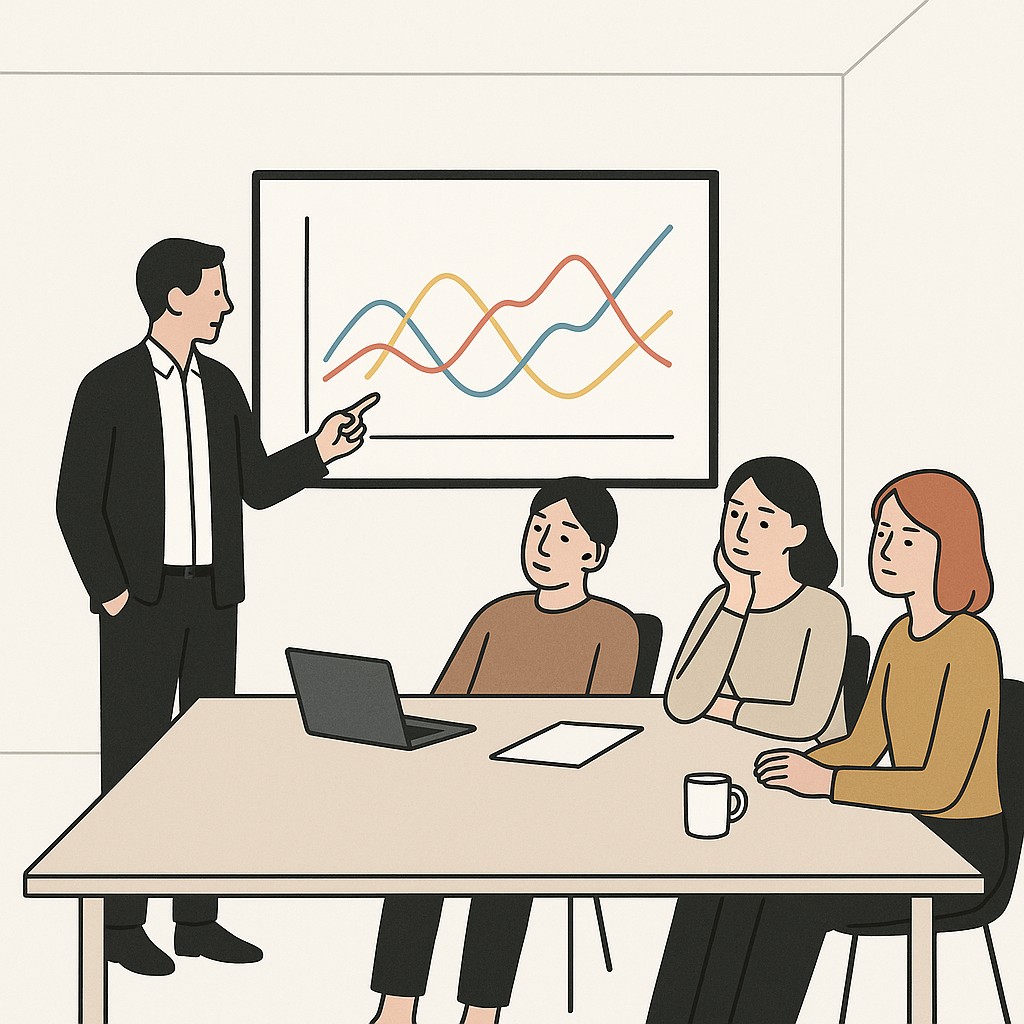 Presenter shares a graph to drive decisions with data storytelling while teammates look uninterested around a bright meeting table