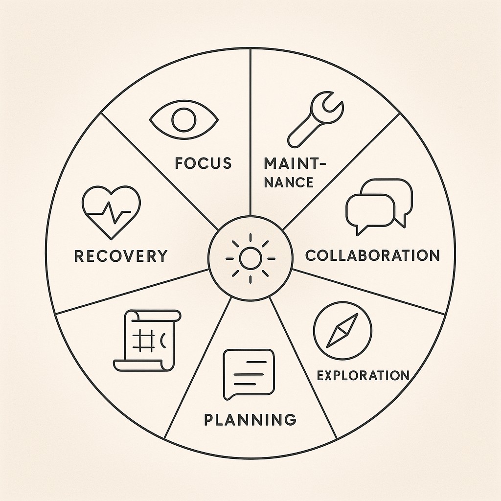 Engineering productivity framework visual: a six-segmented wheel showing distinct productivity modes with a central anchor for context
