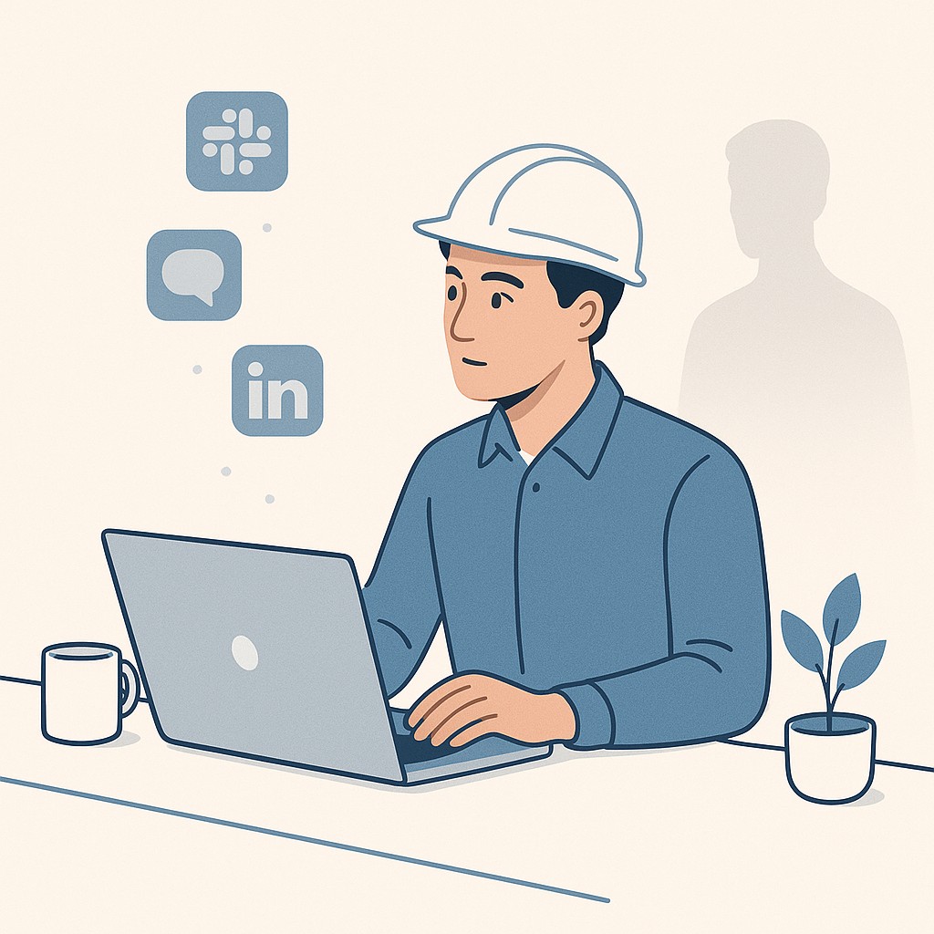 Engineer at laptop receives rising notifications while a recruiter observes, illustrating an engineering thought leadership policy in action