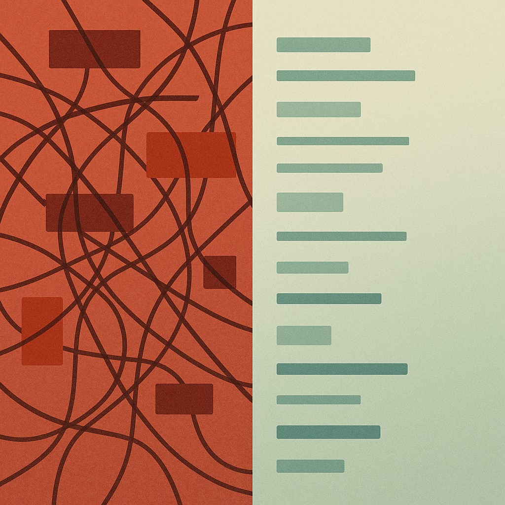 Illustration of messy code transforming into clean structure, reflecting how developers evaluate and refactor AI code