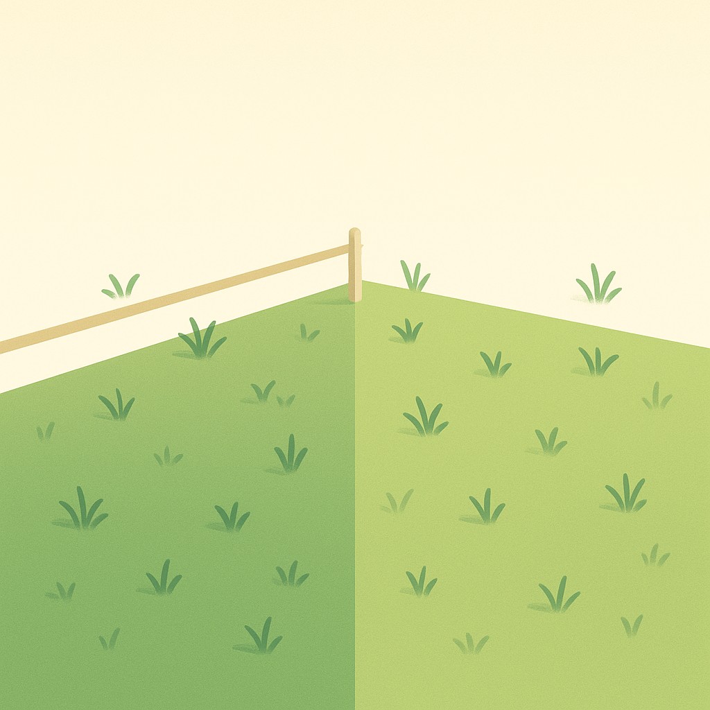 Illustration to evaluate tech career trade-offs: a green lawn split by a fence with weeds on both sides
