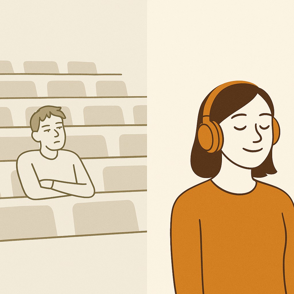 Side-by-side of bored student in lecture hall and engaged podcast listener with headphones, showing how to explain complex ideas with storytelling