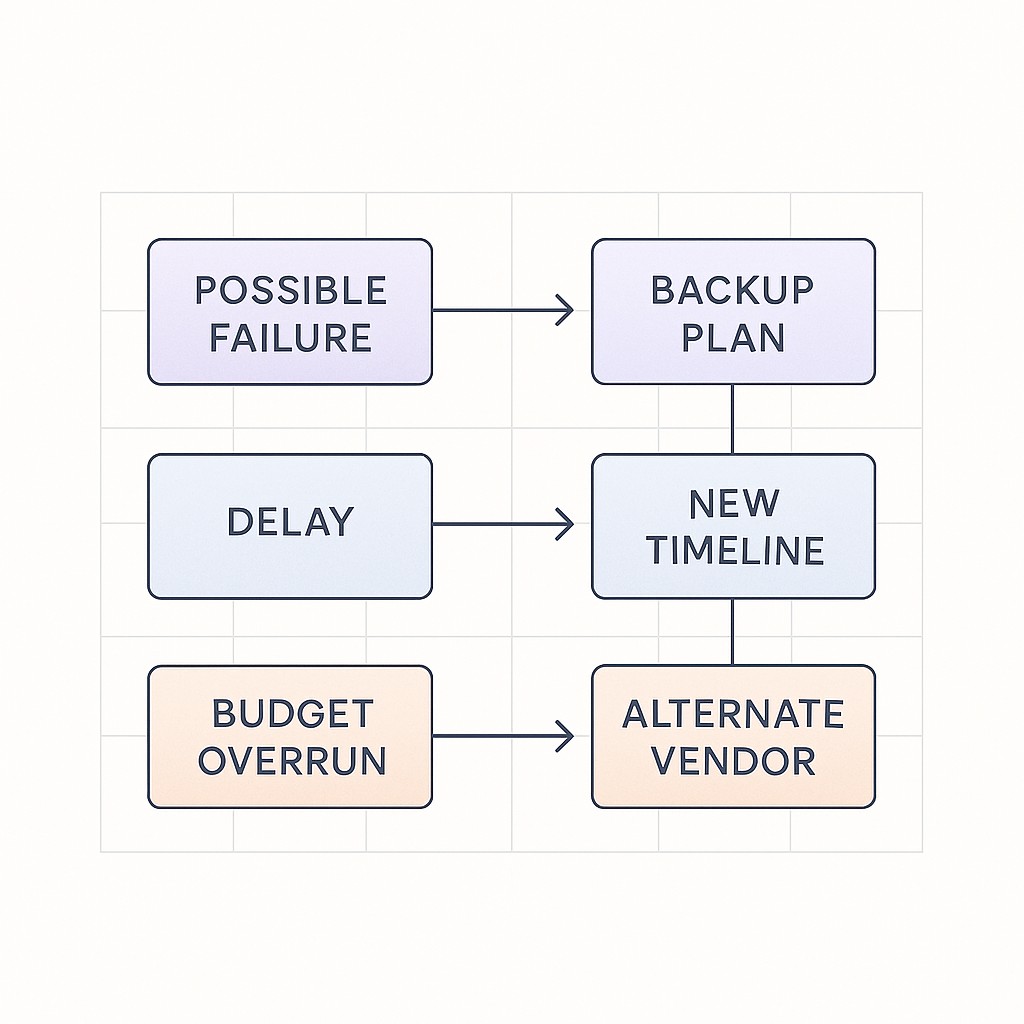 Risk mapping diagram for fear setting for risky decisions, with specific scenarios linked by arrows to mitigation steps