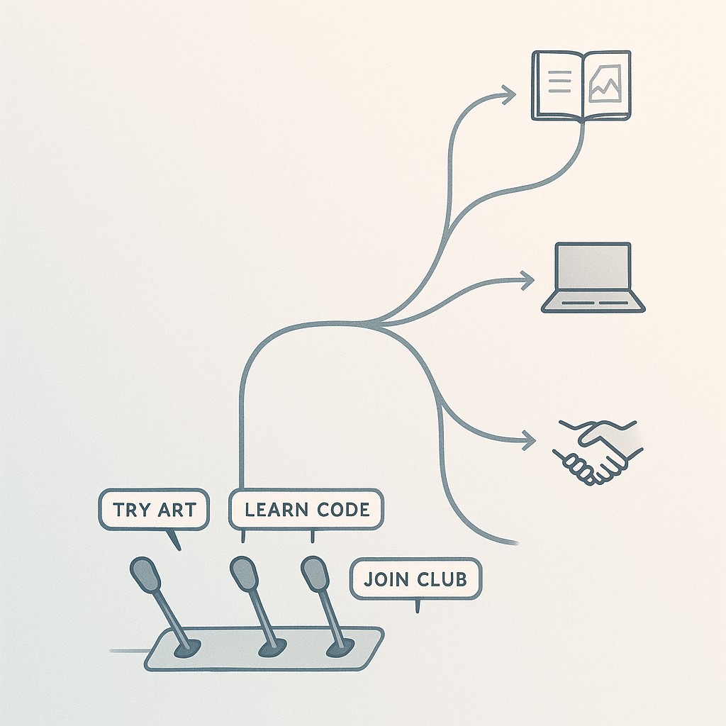 Branching path illustrating how you can find passion by doing, with labeled levers, arrows, and small icons showing possible outcomes