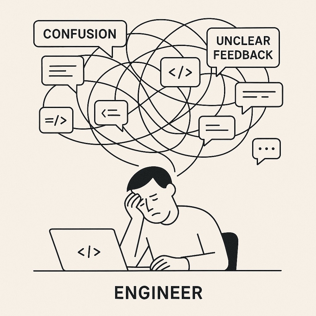Engineer at desk surrounded by tangled, overlapping feedback threads, working to fix engineering feedback bottlenecks