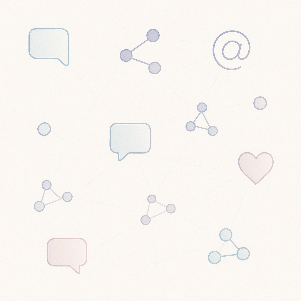 Abstract icons for social platforms scattered with fading connection lines across empty space, illustrating the need to focus on fewer platforms