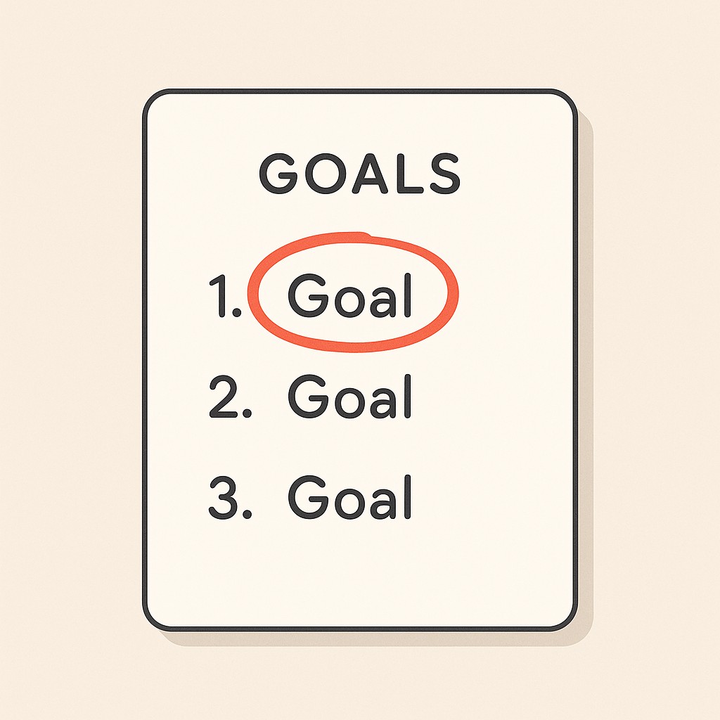 Three written goals with one clearly circled to focus on one goal, highlighting its importance over the others