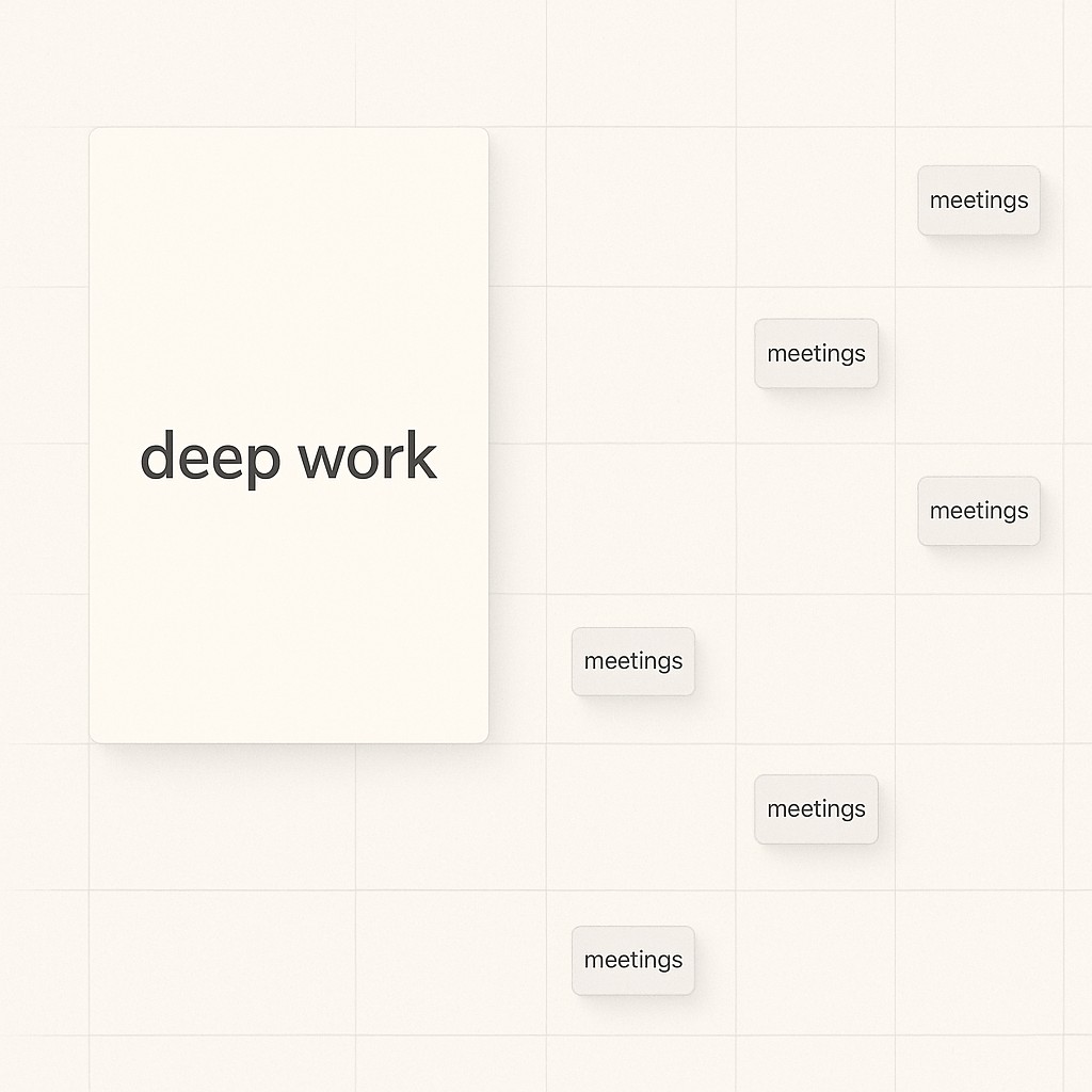 Minimal calendar showing how to gain career freedom without quitting, with a big deep work block clearly separated from smaller meeting times
