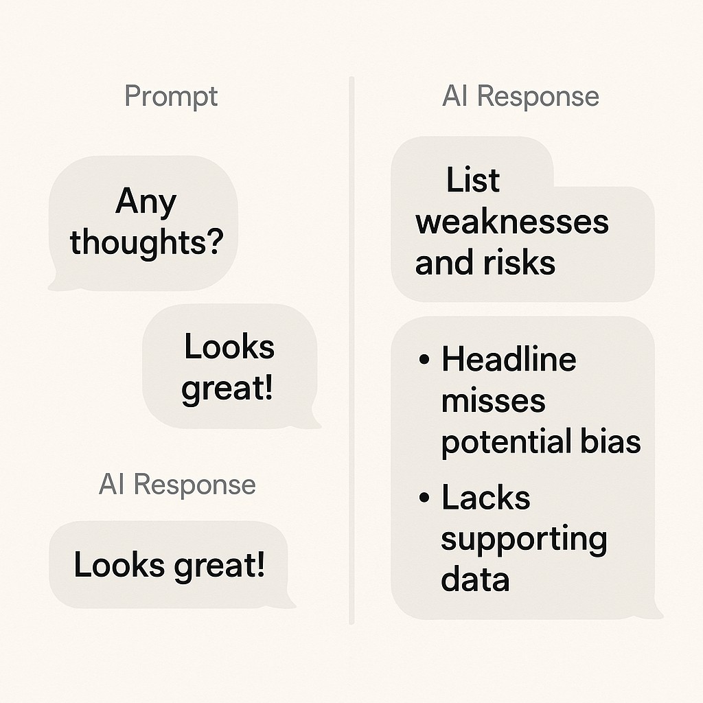 Get critical AI feedback: prompt shifts from generic question to targeted request for critique, AI responses become detailed and specific