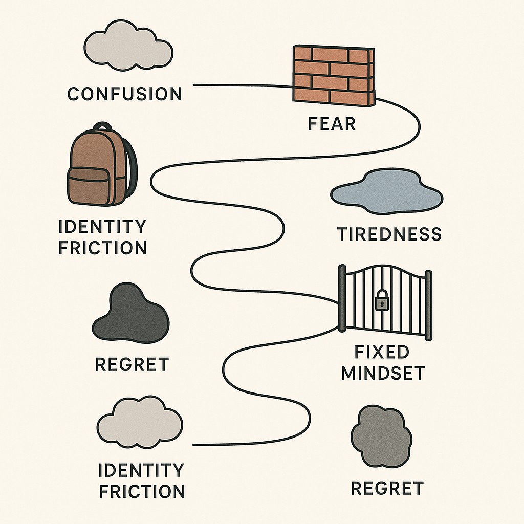 Seven distinct labeled obstacles arranged along a simple path to help you Get unstuck on complex tasks by revealing unique blockers to progress