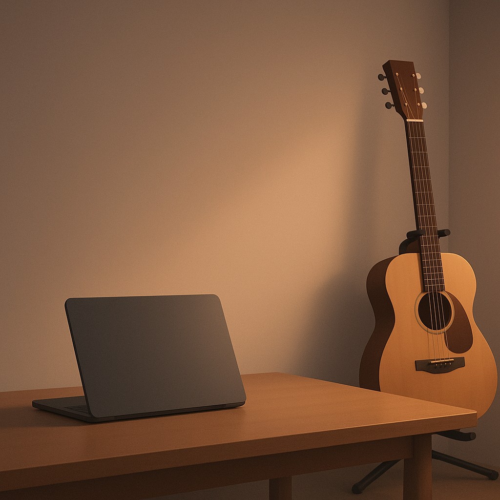 A guitar stands near a closed laptop on a tidy desk in soft evening light, suggesting how hobbies improve developer problem solving