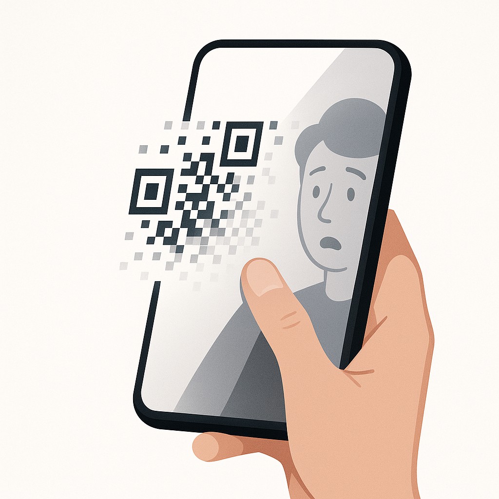 Smartphone screen with QR code fading out, user's surprised reflection visible, illustrating how to analyze product tradeoffs