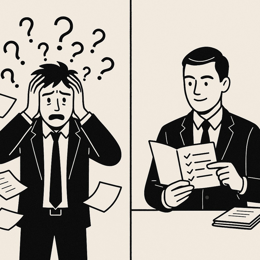 How to build management skills: a stressed manager improvising beside a calm manager following a clear playbook