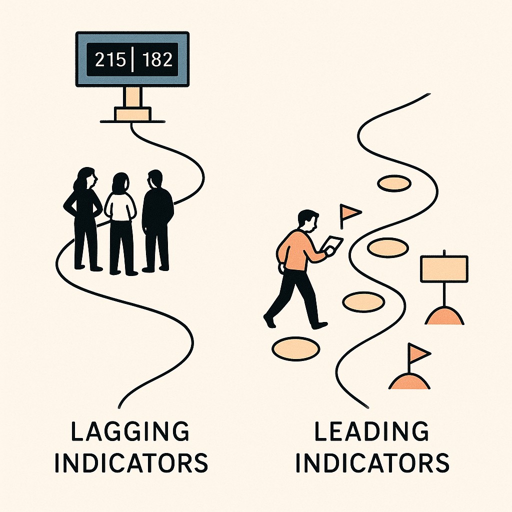 How to define career success illustrated as two paths: one ending at a scoreboard, one marked with progress signs along the way