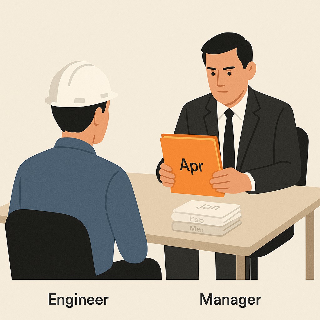 Illustration for how to document engineering impact: a manager looking only at the newest project folder, while a year's worth of older folders fade into the background