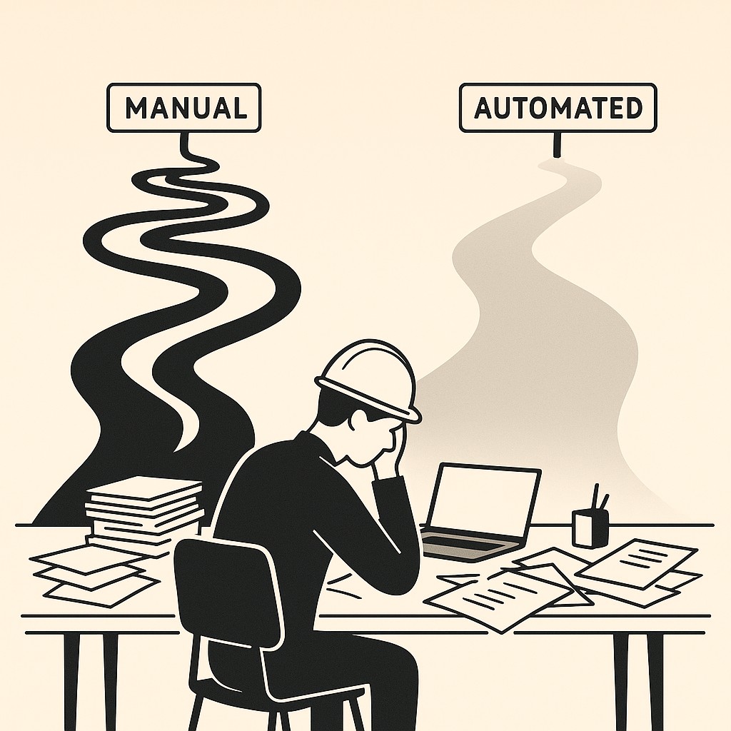 Stressed engineer at messy desk choosing manual vs automated path, illustrating how to drive automation adoption