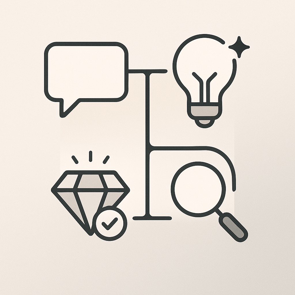 Four visually distinct icons connected to symbolize how to evaluate AI content through relevance, originality, quality, and discoverability