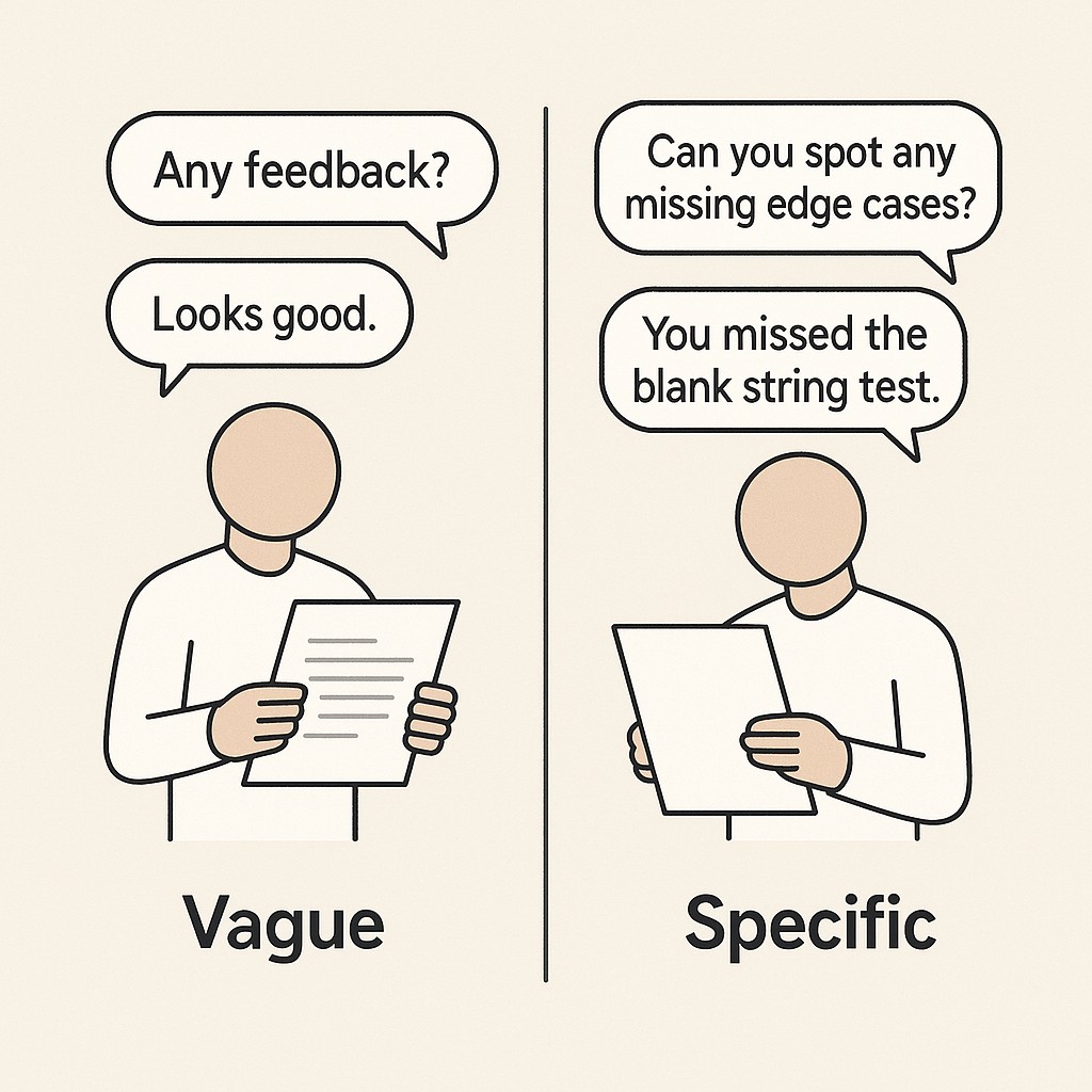 How to get actionable feedback: side-by-side panels compare generic feedback with targeted, actionable advice