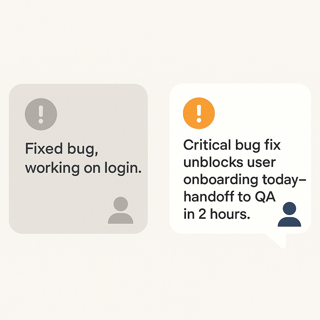 Side-by-side examples showing how to improve standup updates—one generic, one lively with context, urgency, and next steps