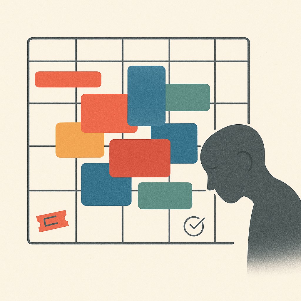 Packed calendar grid layered with meetings, tasks, and hints of fatigue at the edges—showing how to lead for outcomes by escaping busyness