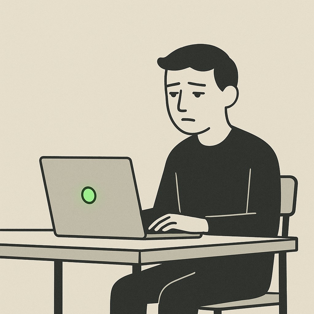 Solo worker in a sparse room with glowing green status on laptop, looking doubtful—illustrating how to measure engineering productivity beyond the 'green dot'