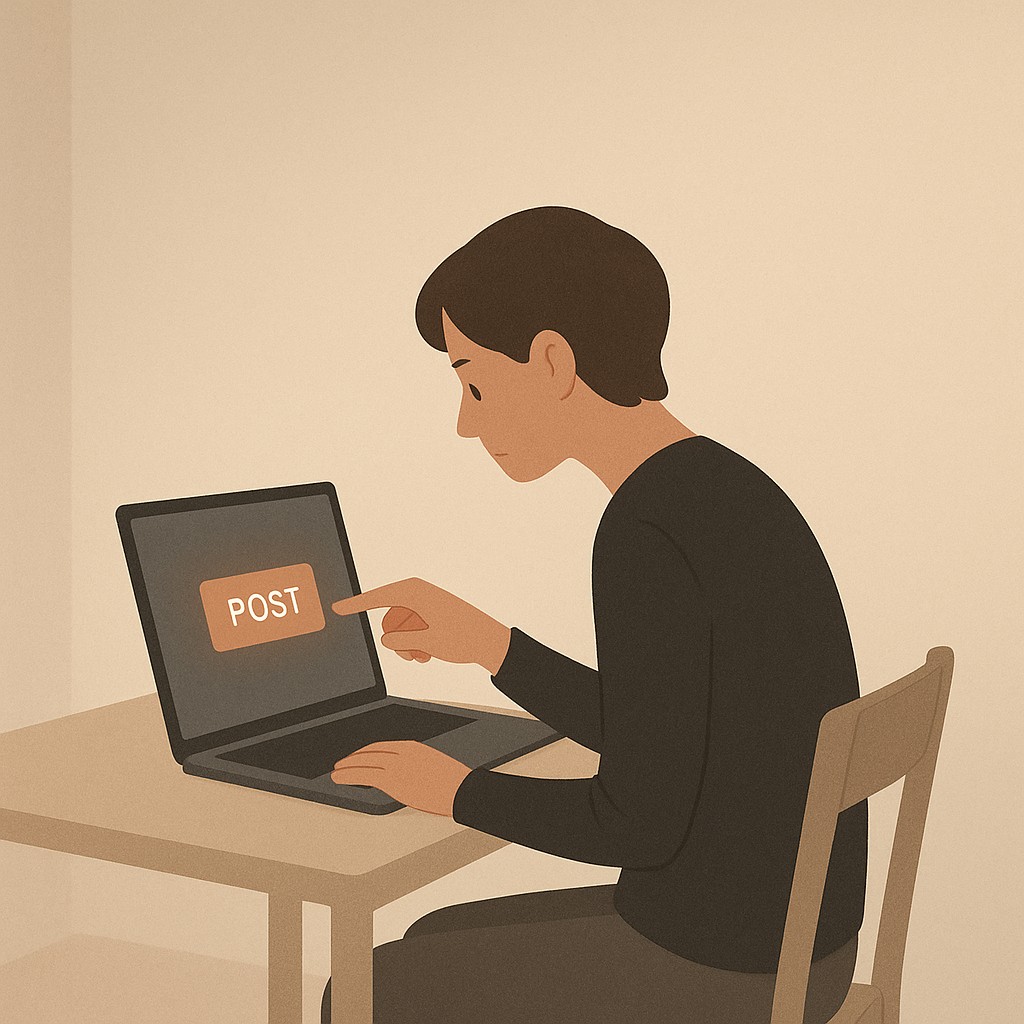 A person hesitates to press the glowing post button on their laptop, illustrating how to network consistently amid uncertainty and anticipation.