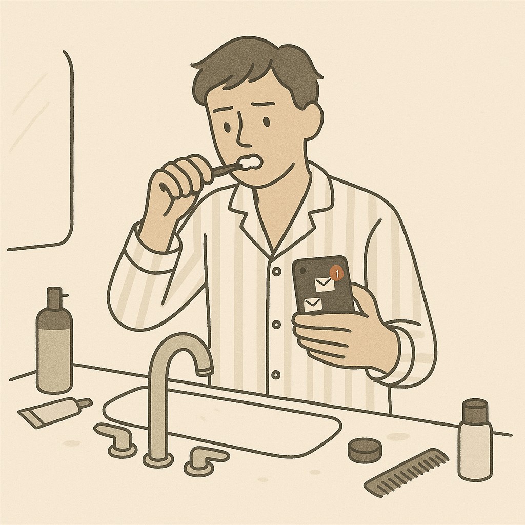 How to protect morning focus illustrated: person distracted by phone while brushing teeth, splitting attention