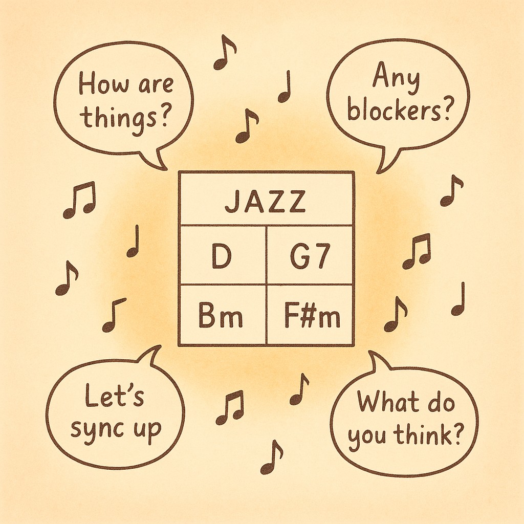 Jazz chord chart with handwritten dialogue bubbles and musical notes illustrating how to structure effective 1:1s with flexible, supportive structure