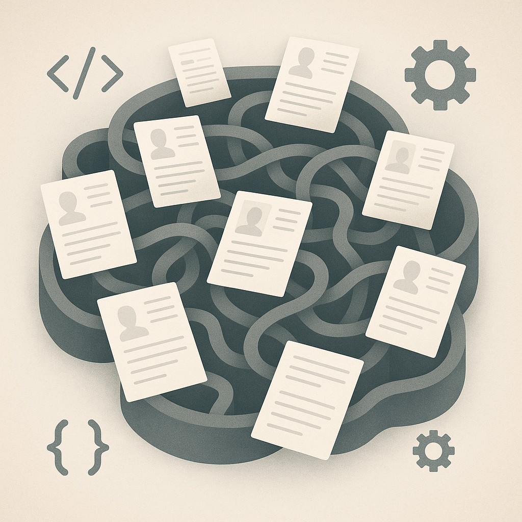 Illustration of how to target job applications: a maze filled with lookalike résumés and fading human profiles, surrounded by algorithm symbols