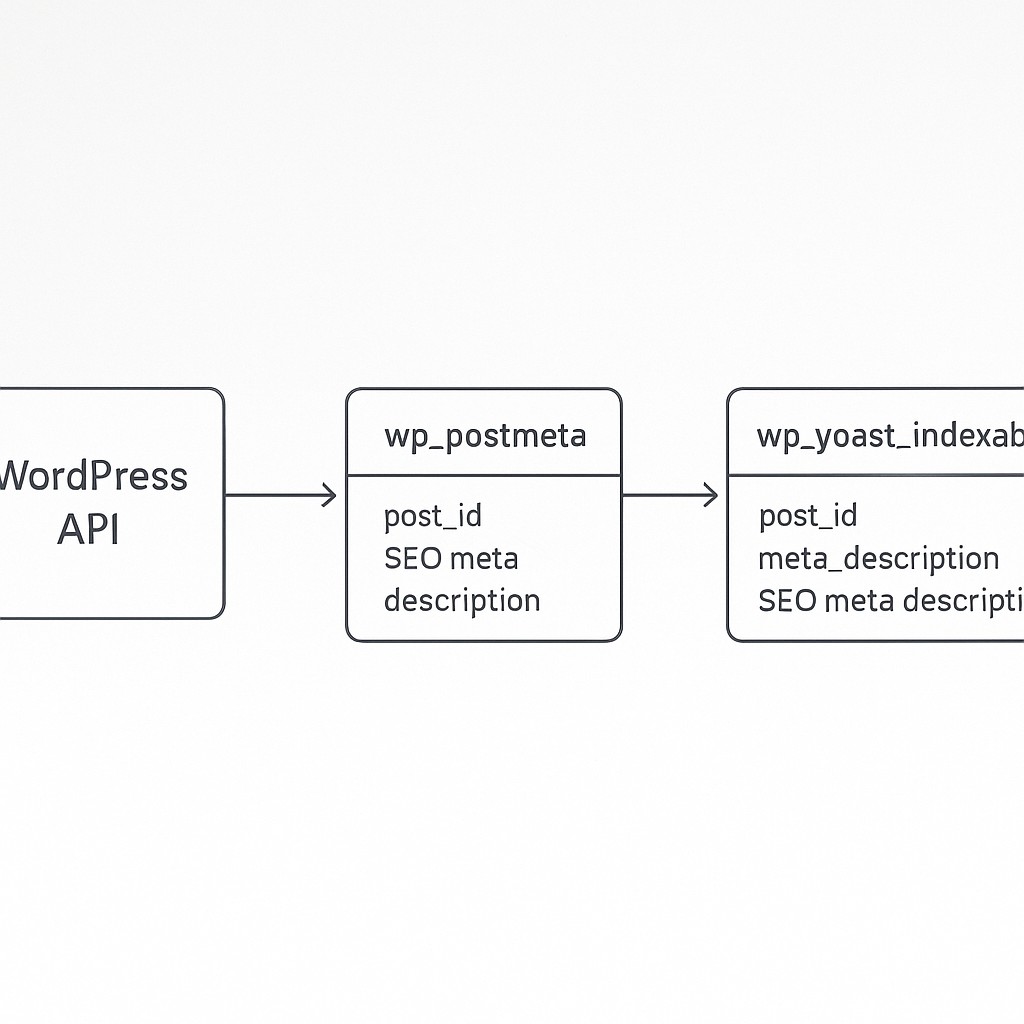 Diagram showing how to automate without APIs by linking WordPress to Yoast metadata in separate database tables