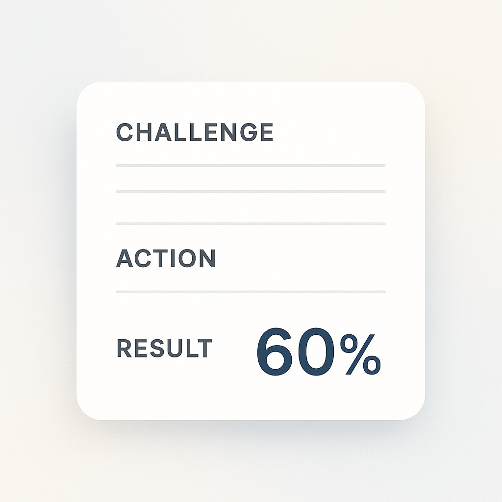 Project card illustrating how to communicate engineering impact with labeled challenge, action, result sections and a bold 60% metric highlighted
