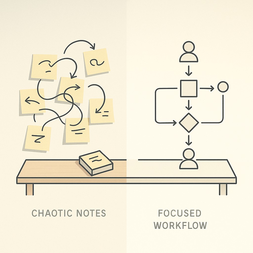 How to differentiate AI products illustrated: desk with messy sticky notes on one side and a clear workflow path with user icons on the other