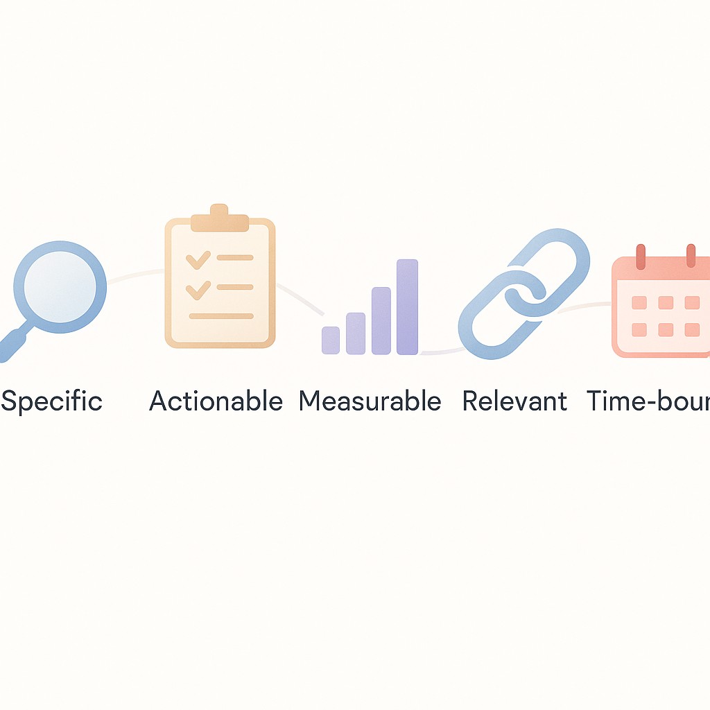 Five labeled icons illustrating how to give constructive feedback with specific, actionable, measurable, relevant, and time-bound elements