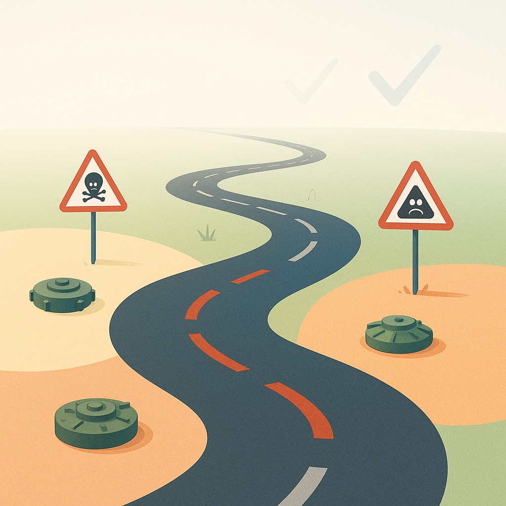 Curving roadmap with visible landmines and warning signs illustrating how to make technical tradeoffs along the route