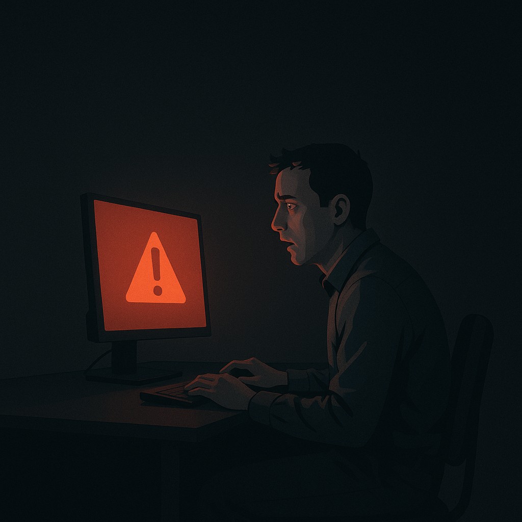 Engineer alone at desk, stunned by error message, reflecting on how to own mistakes in a dim, empty workspace