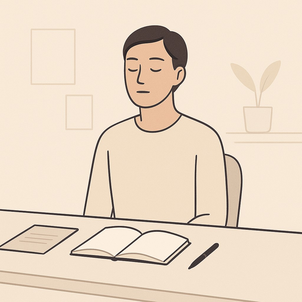 Person at a desk taking a mindful breath to show how to process feedback with calm focus and an organized workspace