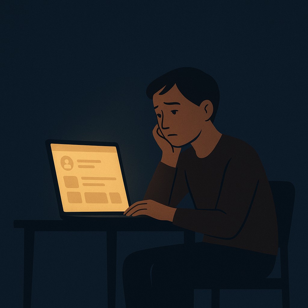 Person at desk in late-night light, thoughtful as laptop glows with public post interface, reflecting on how to publish intentionally